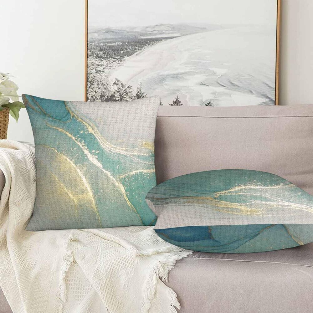 3298 Marble Pattern Throw Pillow Covers Set of 2,Turquoise Gold Silver - Picture 6 of 6